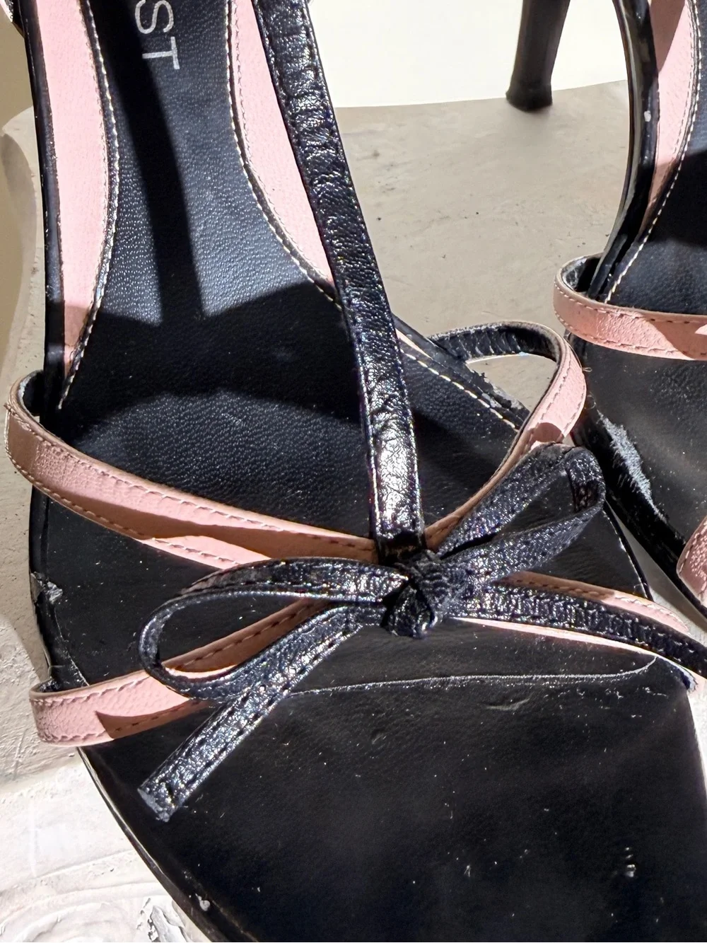 AS IS Y2K Nine West Black T-Strap Heel Sandals with Pink Accents and Bows